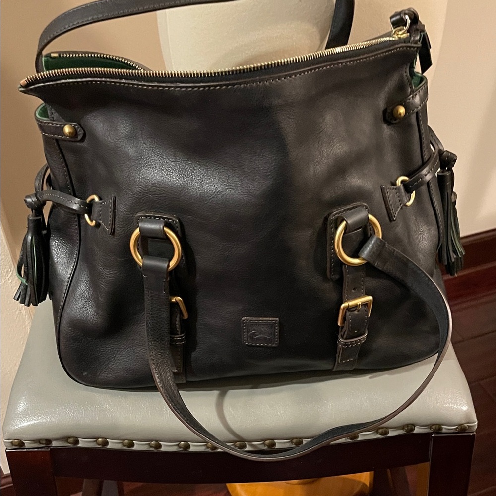 Dooney & Bourke Florentine Black Leather Shoulder Bag with Gold Accents